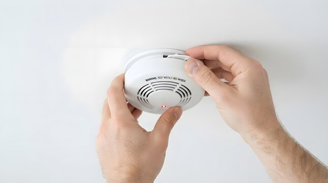 Hands Installing and Testing Smoke Detector on White Ceiling at Home