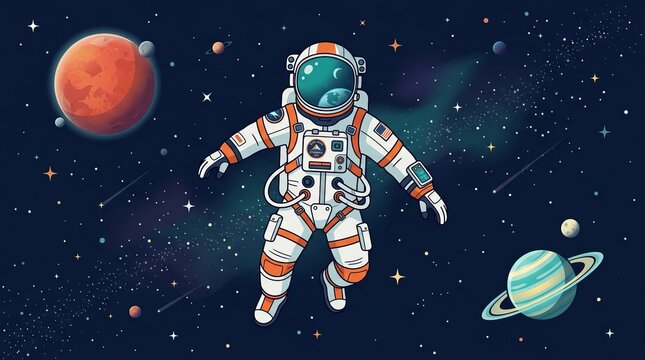 Astronaut floating in colorful cosmos with planets and stars, outer space exploration