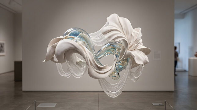 Modern biomorphic sculpture on minimalist gallery wall. Abstract organic art installation with flowing white and teal forms.