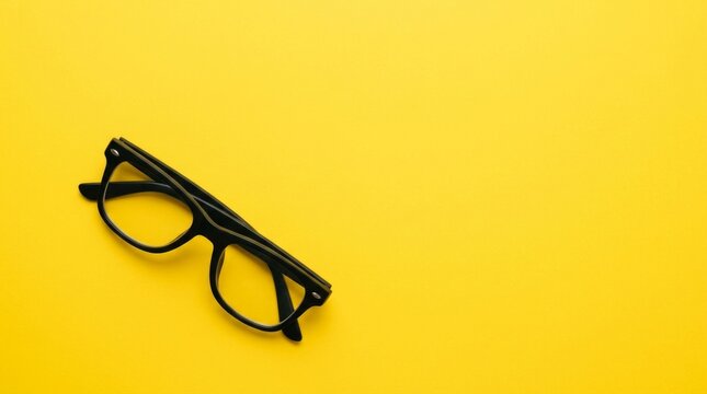 Black Eyeglasses on Vibrant Yellow Background, Minimalist Flat Lay