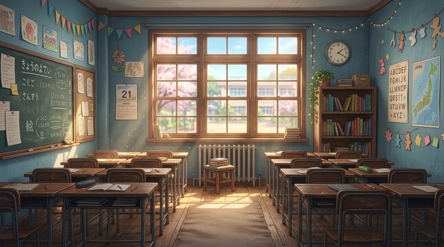 Anime Classroom Interior with Sunlight Streaming Through Windows, Cherry Blossoms Outside