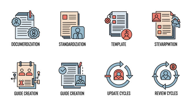 Business Process Icons: Documentation, Standardization, Template, Stewarship, Guide, Update, Review