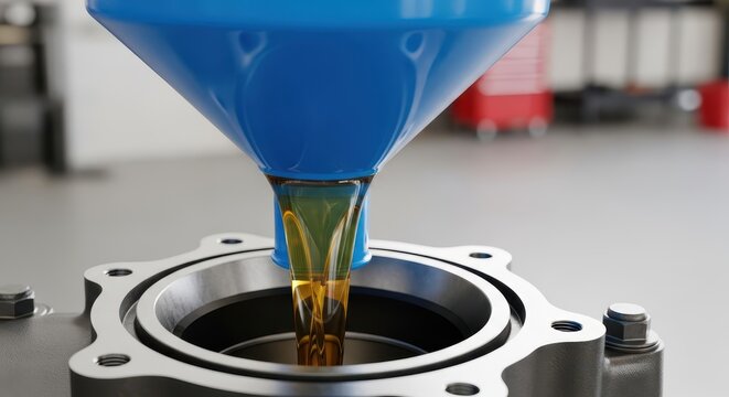 Clear amber synthetic oil flows smoothly through a bright blue plastic funnel into a heavy duty metal machinery part in a garage setting, plastic, motor, lubrication