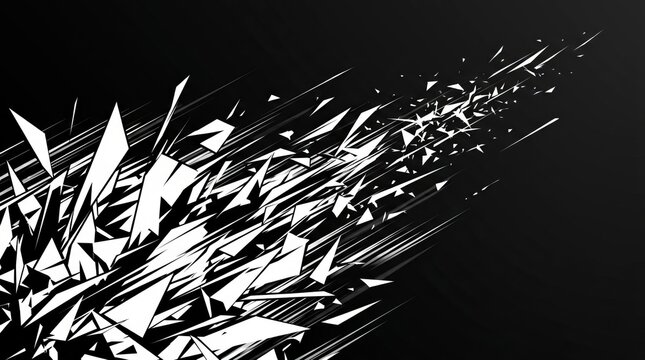 Abstract explosion of sharp white shards and lines on black background, dynamic motion