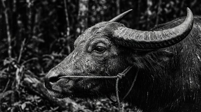 Black and White Asian Water Buffalo Portrait in Lush Forest
