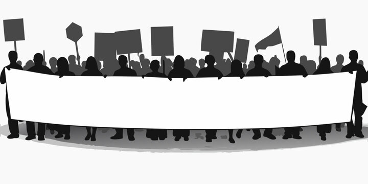 Protest Banner With Crowd Silhouettes Grayscale Vector Illustration On White Background