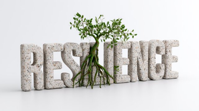 A tree growing through the word RESILIENCE, symbolizing strength and growth.