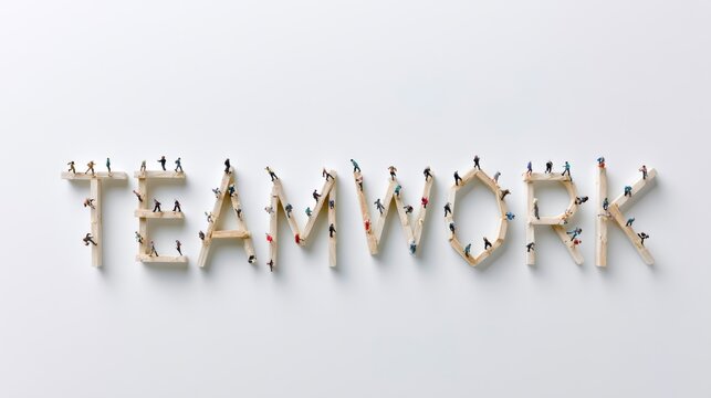 A clever and creative depiction of the word TEAMWORK formed using small human figurines and pencils on a white surface