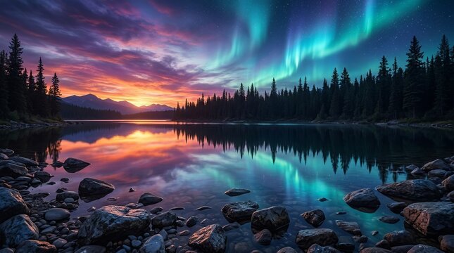 Aurora Borealis over tranquil lake reflecting colorful sunset sky and pine forest