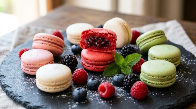 Colorful Macarons with Fresh Berries and Mint on Slate Platter