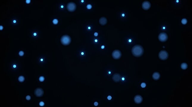 Abstract Blue Bokeh Lights on Dark Background, Glowing Particles, Digital Snowfall Effect