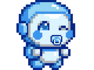 Fototapeta premium Cute pixel art blue baby robot winking with pacifier and rosy cheeks character.
