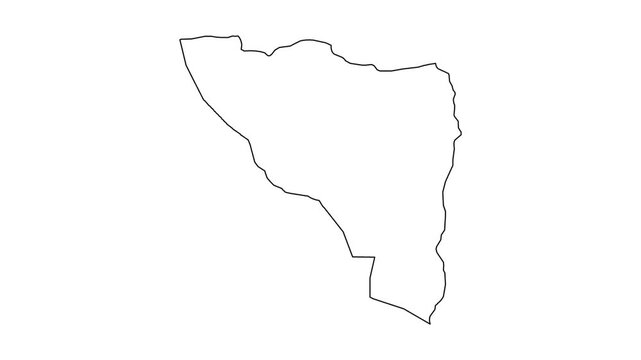 Abstract animation of a black outline forming the map of Mogadishu on a white background, motion graphics for geographic representation.