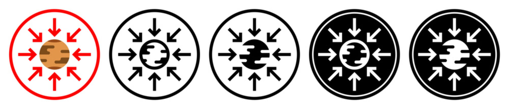 Flat gravity icons in outline, solid, and inverted styles