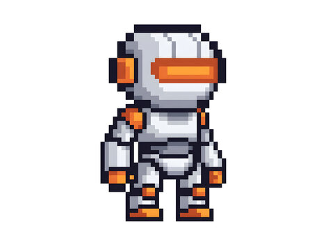 Pixel art robot standing futuristic android character 8 bit game asset.