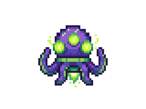 Pixel art alien octopus character with green glowing eyes and purple tentacles.