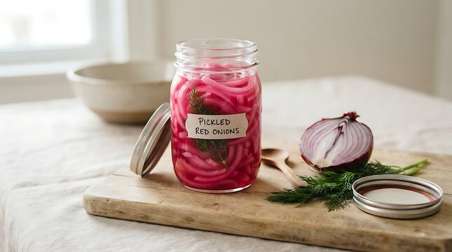 A glass jar of pickled red onions on a wooden cutting board in the kitchen