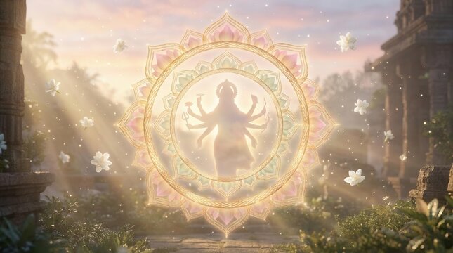 Glowing Goddess Durga silhouette with mandala symbol at temple sunrise