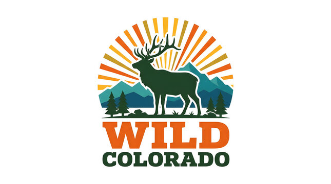 Colorado wildlife emblem with elk silhouette and sunburst. Mountain state logo design featuring nature icon and vibrant rays.