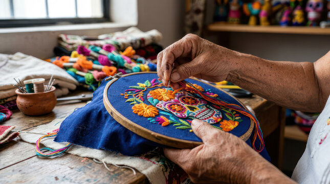 Close up of hands embroidering a colorful floral pattern on fabric.