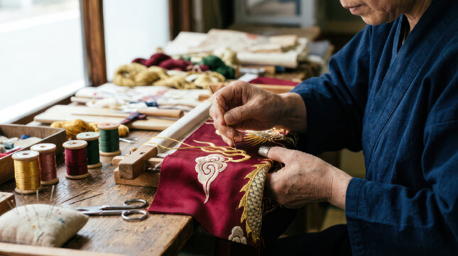 Elderly artisan meticulously handcrafts intricate embroidery on fabric.
