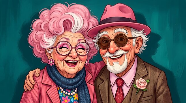 Happy halloween new colorful concept portrait of a stylish elderly couple with pink hair and vibrant fashion accessories