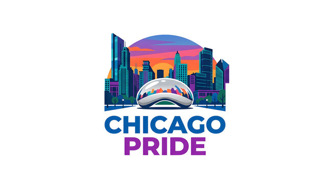 Chicago Pride festival celebration with rainbow skyline. Vibrant LGBTQ+ event icon featuring city landmarks and colorful gradient backdrop.