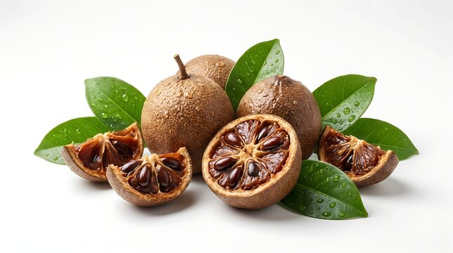 Fresh whole and sliced black sapote fruits with green leaves on white background.