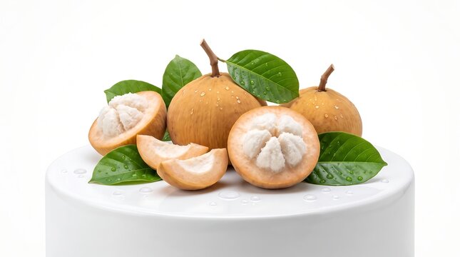 Fresh santol fruits with green leaves isolated on a white background.