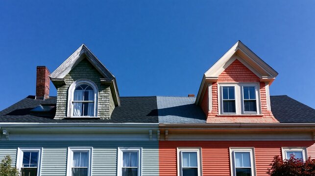 Duplex house roofs feature gabled dormers in Boston, Massachusetts.