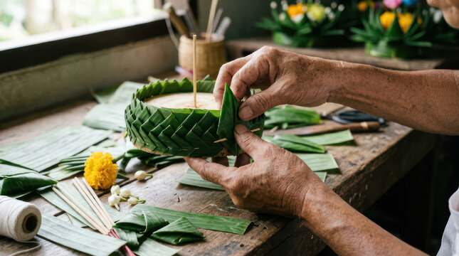 Hands crafting a decorative candle holder from green leaves.