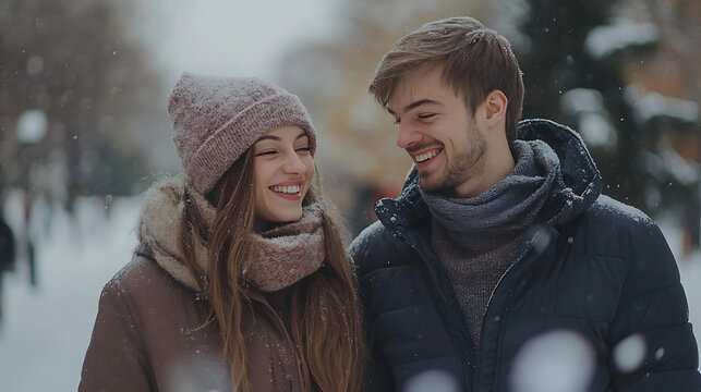 Happy young couple in love smiling and having fun outdoors in snowy winter nature