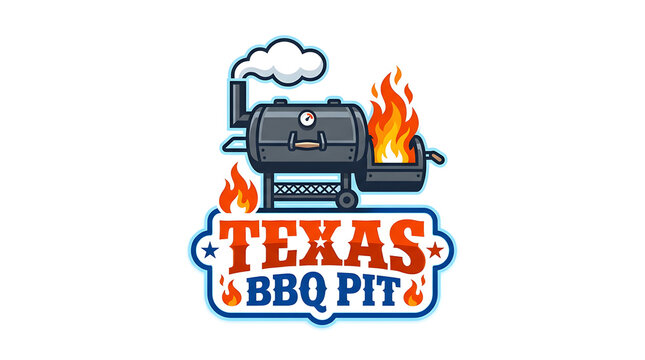 Texas BBQ pit smoker with flames and smoke. Outdoor grilling icon featuring fire and smoke effects for barbecue branding.