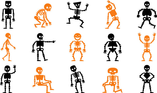 Set of diverse skeleton character illustrations in various poses and styles for halloween design and creative projects