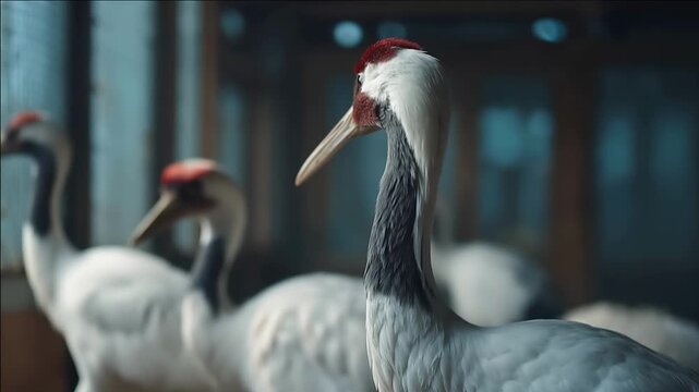 Red-crowned cranes in an indoor aviary