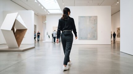 Fototapeta premium Woman walking through art gallery viewing contemporary sculpture and painting. Visitor exploring exhibition in modern museum. Cultural tourism and leisure activity for fine art lover.