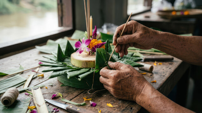 Hands crafting traditional Thai krathong for Loy Krathong festival.