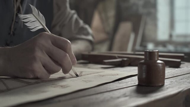 Hand of a craftsman sketching flying machine wings with a feather pen on a rough desk next to a ceramic ink pot in a medieval workshop