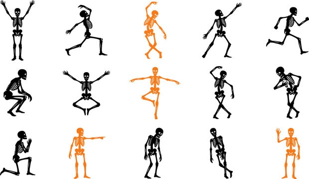 Collection of various halloween human skeleton poses showing different physical actions and movements in a grid layout design