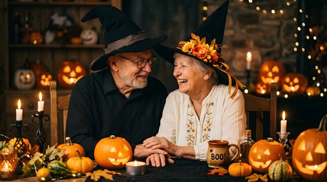 Happy halloween new colorful concept featuring a cheerful senior couple wearing festive witch hats celebrating at home