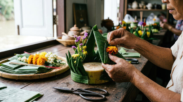 Person crafting traditional floral arrangement with banana leaves.