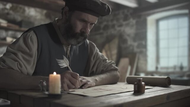 Medieval inventor pausing writing with a quill pen, examining an ornithopter wing sketch thoughtfully while sitting near a burning candle at a rustic wooden table inside a master workshop