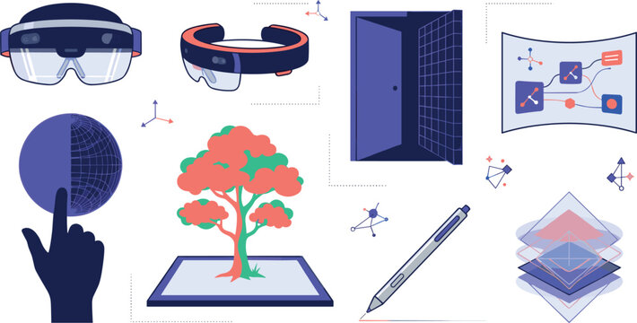 Spatial Computing Software and Mixed Reality 3D Canvas Flat Line Icon Set Featuring Passthrough Visors, Gestural Interfaces, Digital Stylus Pens, and Layered Holographic Map Grids