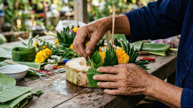 Person crafting traditional floral offering basket with banana leaves and flowers.