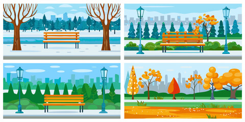 Obraz premium Park Scenes With Benches And Trees Vector Illustrations