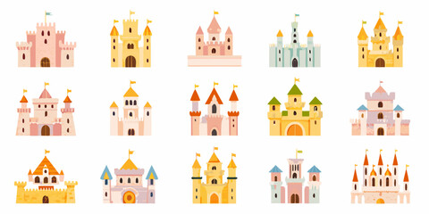 Colorful cartoon castle illustrations on a white background © Ajay