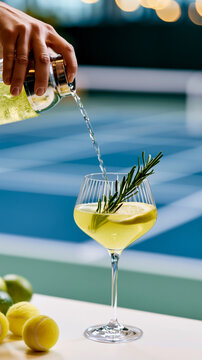 A cocktail shaker pours clear liquid into a glass garnished with rosemary and lime, tennis balls resting nearby beside a blurred court. A refreshing sports lifestyle beverage image.