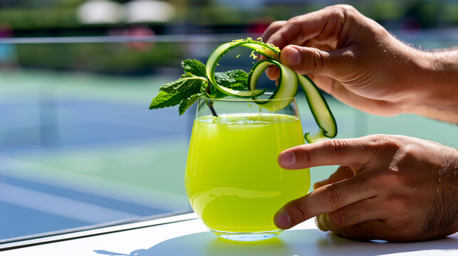Bartender garnishing vivid green mocktail with cucumber ribbon, mint and lime zest, fresh alcohol-free drink preparation, sunny outdoor resort club atmosphere closeup.