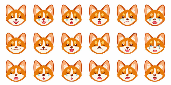 Corgi Dog Face Vector Illustrations Diverse Expressions On White Background