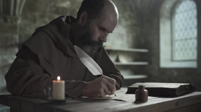 Monastic scribe in a brown habit with a long white quill pen copying from an open old book on a rough wooden desk, inside a monastery library